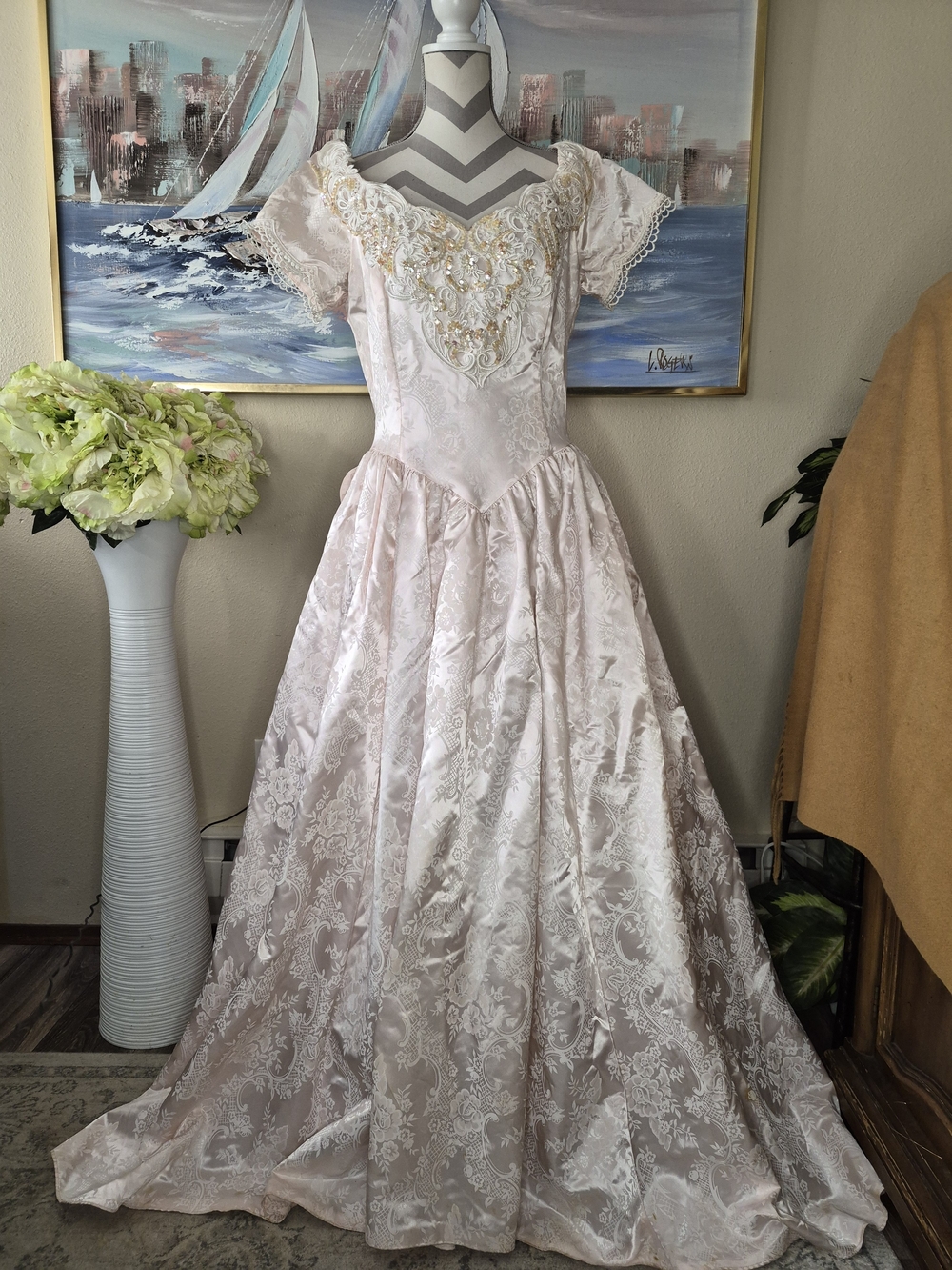 Vintage Jessica McClintock Blush Pink Lace Appliqué Maxi Formal Dress